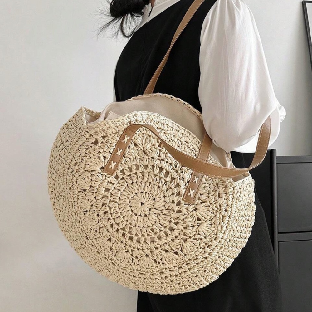 Oversized Straw Circular Lined Tote Shoulder top Handle Beach Bag - Picture 4 of 7